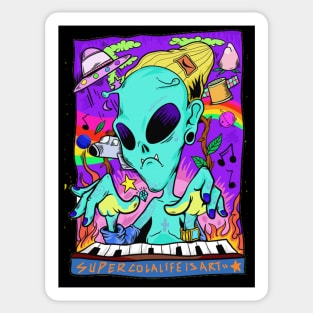 Dope space alien character rocking piano keyboard illustration Sticker